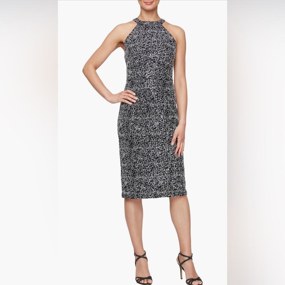 ALEX EVENINGS Sequin Corded Lace Cocktail Sheath Dress Size 12P. NWT